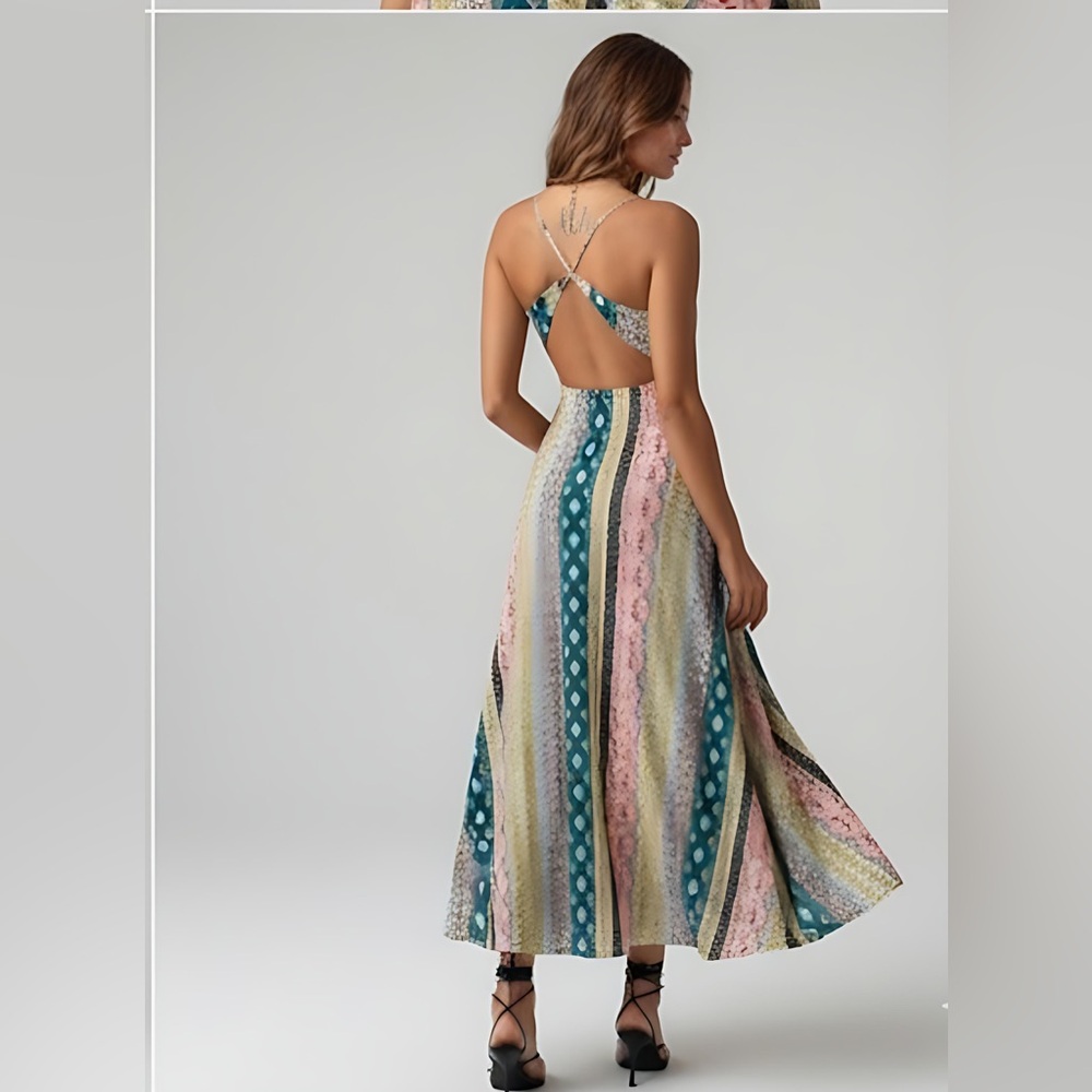 Boho Floral & Geo Print Backless Wrap Split Thigh Dress. - Picture 3 of 12